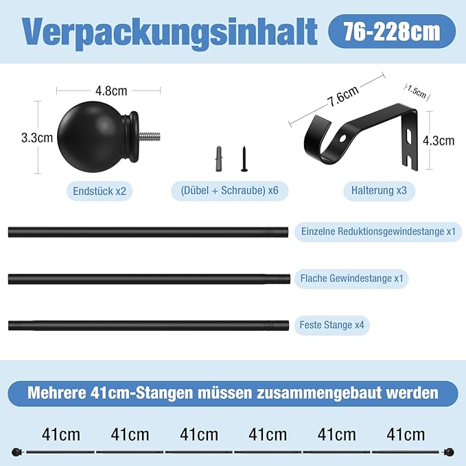 Varão de Cortina Extensível 76–305 cm Metal, Preto Mate, Tampas Redondas, Suporte de Parede
