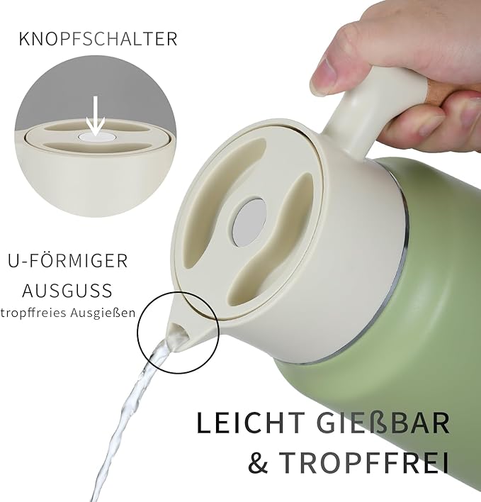 Garrafa Térmica VETIN 1,5 L em Aço Inoxidável 304 – Isolamento a Vácuo Dupla Parede, Pega Efeito Madeira, Branco e Verde
