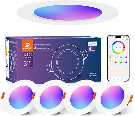Conjunto 4 Focos LED Embutidos DUSKTEC RGB + Branco Quente/Frio 7W – Compatível com Alexa, Regulável 2700K–6000K