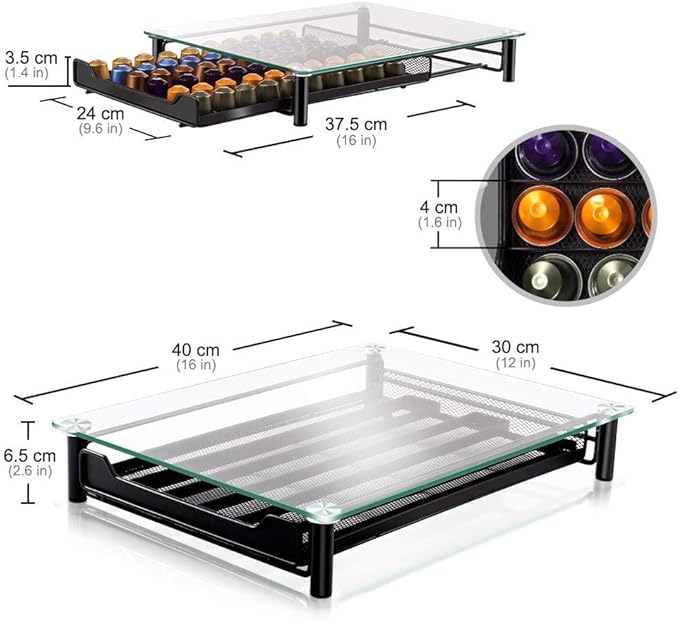 Suporte de Cápsulas Masthome para Nespresso – Gaveta Metálica com Tampa de Vidro Temperado, Capacidade para 60 Cápsulas