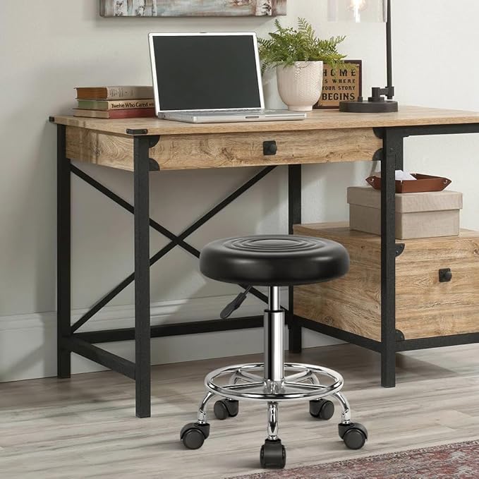 Banco Giratório Ajustável 49–64 cm com Rodas – Couro Sintético Preto