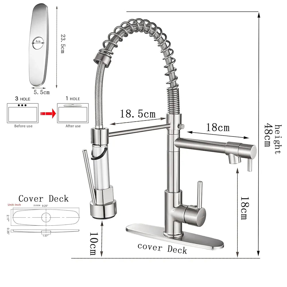 SkyPanda Torneira de cozinha, mola de latão escovado com cabeça de pulverização Pull Down, com 2 saídas , cabeça de pulverização de alta pressão, escova de níquel