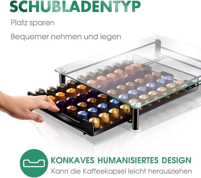 Suporte de Cápsulas Masthome para Nespresso – Gaveta Metálica com Tampa de Vidro Temperado, Capacidade para 60 Cápsulas