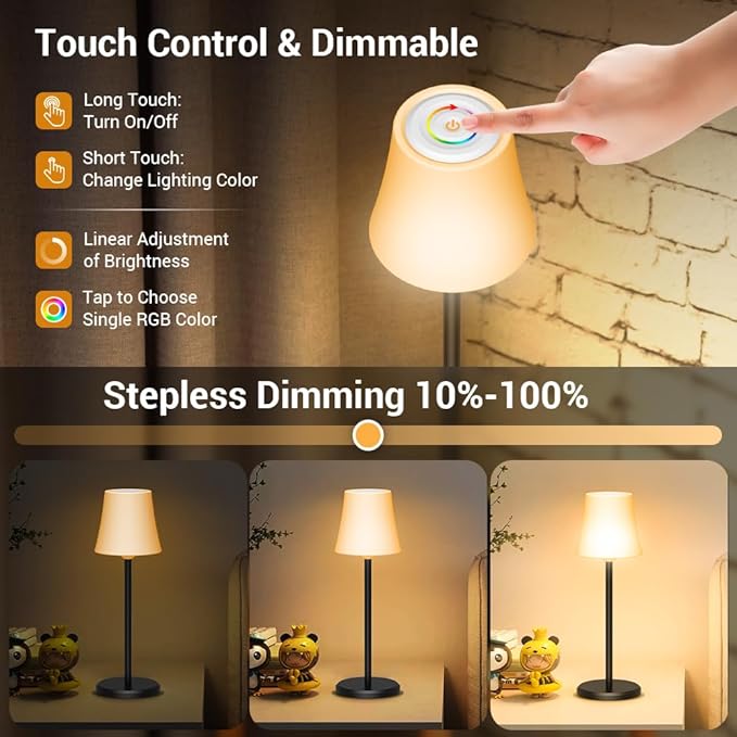 Conjunto de 2 Candeeiros de Mesa LED Sem Fios – Recarregáveis, RGB e 3 Temperaturas de Luz