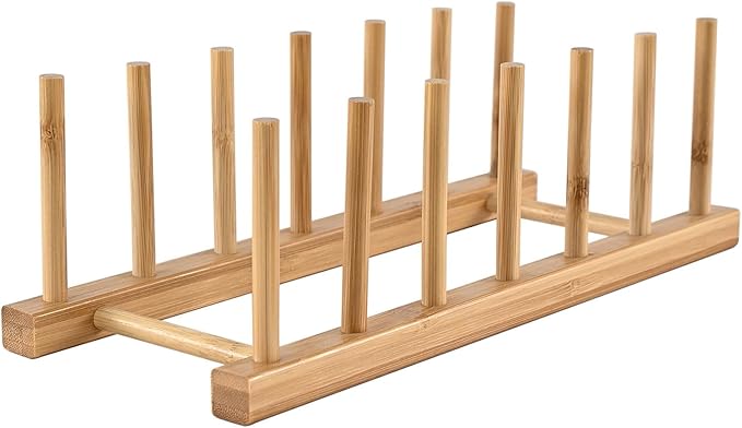 Suporte de Pratos em Bambu – Organizador de Cozinha para Pratos, Tampas, Tabuas de corte