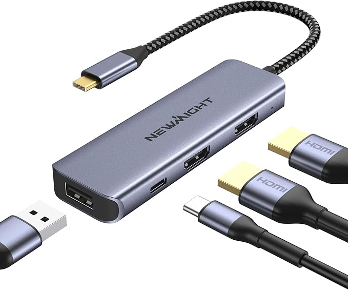 ub USB-C 4 em 1 com 2× HDMI 4K, 100W, Porta USB-A e Splitter para Monitores Duplos