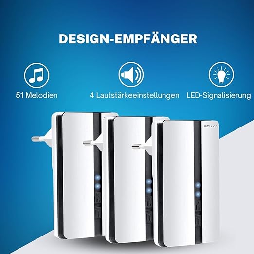 Campainha Sem Fios sem Pilhas – Conjunto com 3 Recetores Plug-In, Alcance 200 m, IP65 à Prova de Água, 51 Toques, Instalação Fácil