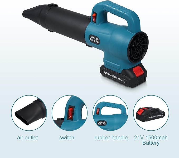 Soprador Jet Fan 35.000 rpm 21V – Removedor de Pó, Folhas e Neve | Com Bateria 1500 mAh, Botão One-Key e 3 Bicos de Extensão