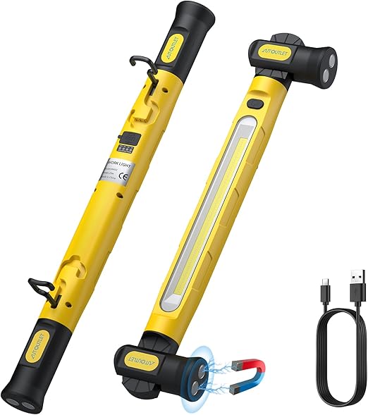 AUTOUTLET Candeeiro LED Recarregável 3000 Lúmenes, 3 Cores, Magnético 360° – Oficina, Garagem e Campismo, Amarelo