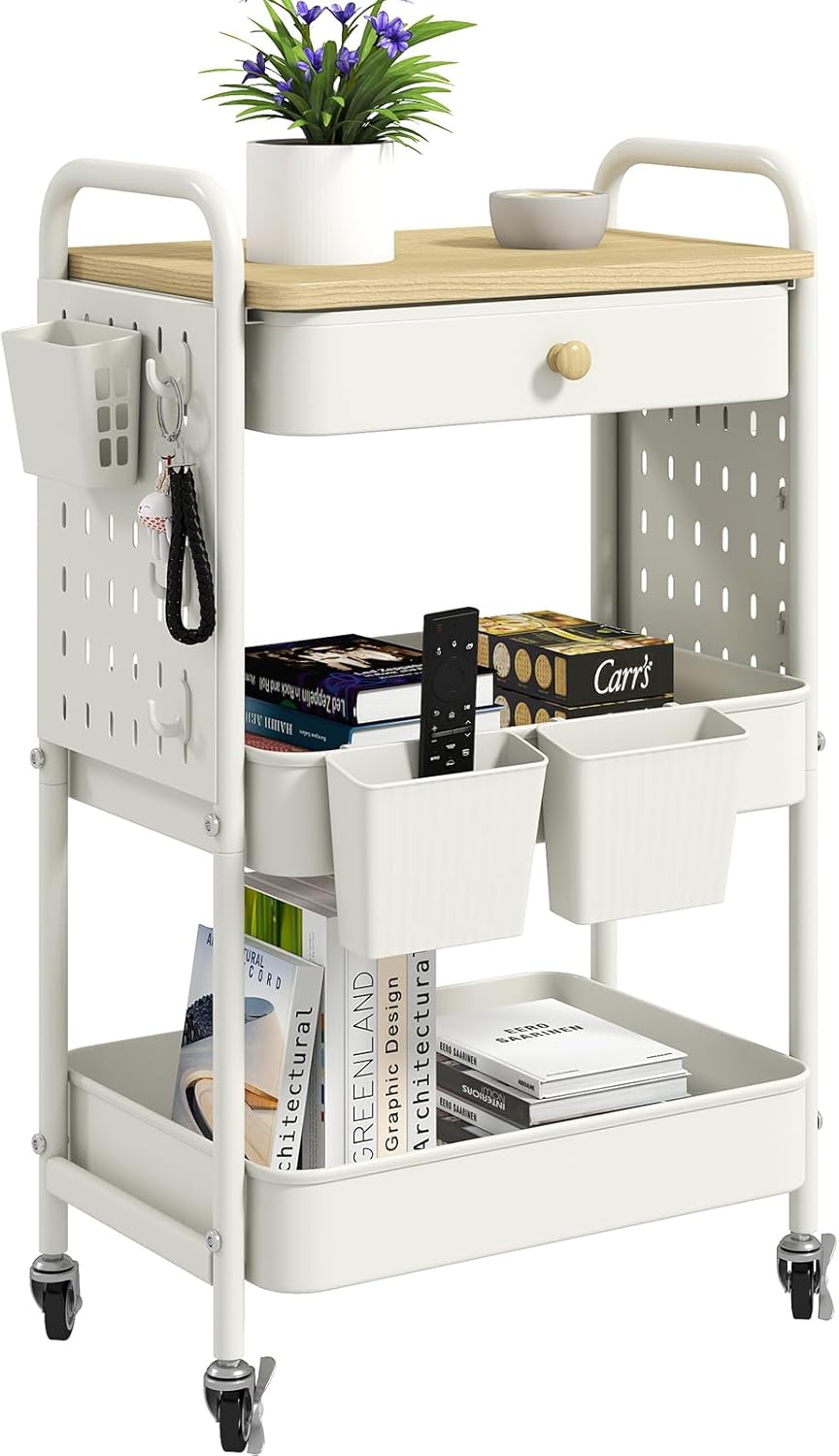 danpinera Carrinho com Rodas de 3 Níveis – Com Gavetas, Painéis Perfurados, Ganchos e Copos Suspensos – Metal – Branco