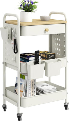 danpinera Carrinho com Rodas de 3 Níveis – Com Gavetas, Painéis Perfurados, Ganchos e Copos Suspensos – Metal – Branco