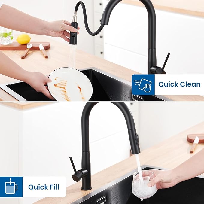 Torneira de Cozinha Preta em Aço Inoxidável, Alta Pressão, Misturadora Extensível com Bica Giratória 360° e 2 Tipos de Jato