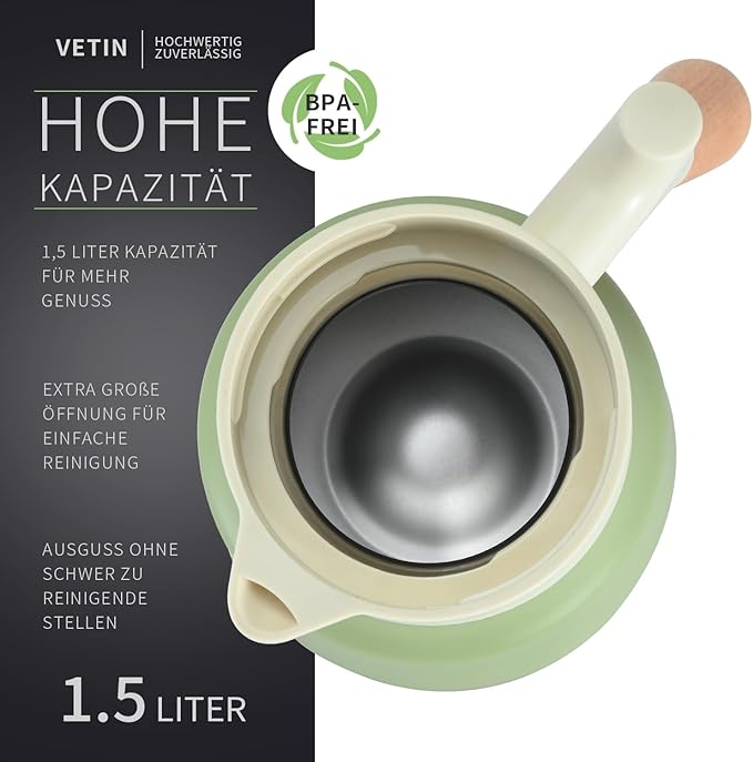 Garrafa Térmica VETIN 1,5 L em Aço Inoxidável 304 – Isolamento a Vácuo Dupla Parede, Pega Efeito Madeira, Branco e Verde