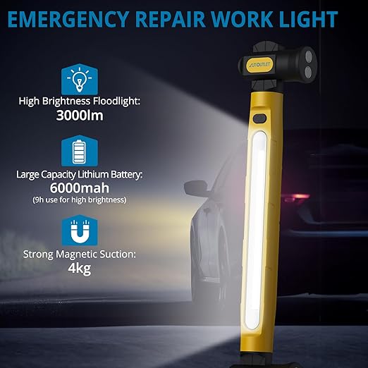 AUTOUTLET Candeeiro LED Recarregável 3000 Lúmenes, 3 Cores, Magnético 360° – Oficina, Garagem e Campismo, Amarelo