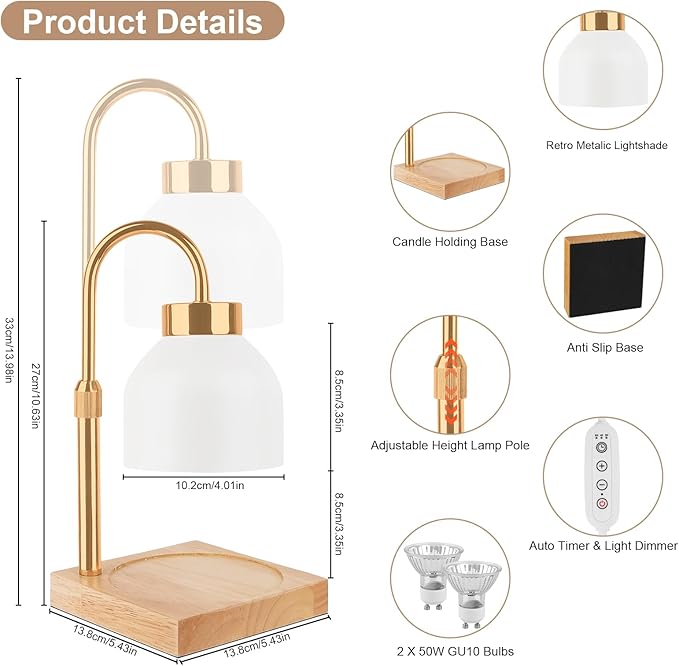 T-SUN Candeeiro Derretedor de Velas com Temporizador | Lâmpada Elétrica Regulável para Velas Aromáticas | Altura Ajustável – Branco