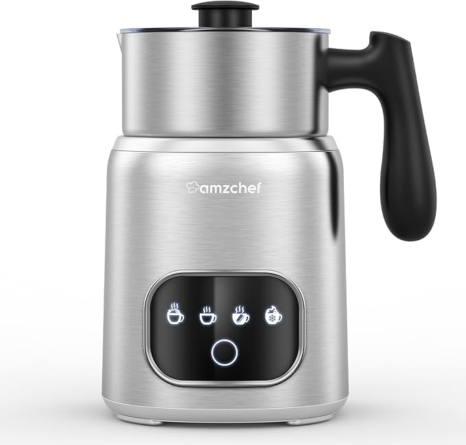 Espumador de Leite Elétrico AMZCHEF com Ecrã Tátil LED – Aço Inoxidável, Aquecimento por Indução 3D, Ideal para Chocolate Quente, Latte, Cappuccino e Mocha