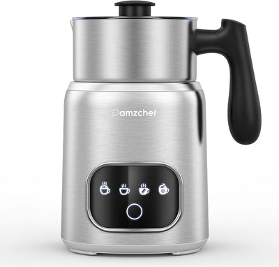 Espumador de Leite Elétrico AMZCHEF com Ecrã Tátil LED – Aço Inoxidável, Aquecimento por Indução 3D, Ideal para Chocolate Quente, Latte, Cappuccino e Mocha