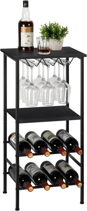 Garrafeira de Pé com Suporte para Copos e Prateleira – 4 Níveis, Para 8 Garrafas de Vinho, Estrutura em Metal e Madeira