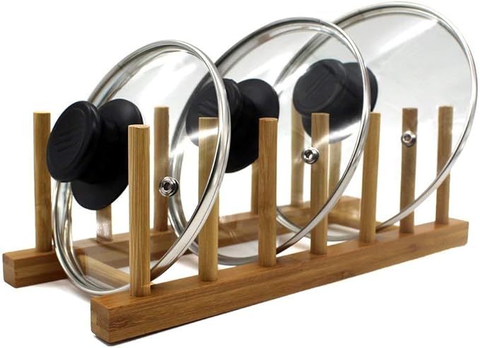 Suporte de Pratos em Bambu – Organizador de Cozinha para Pratos, Tampas, Tabuas de corte