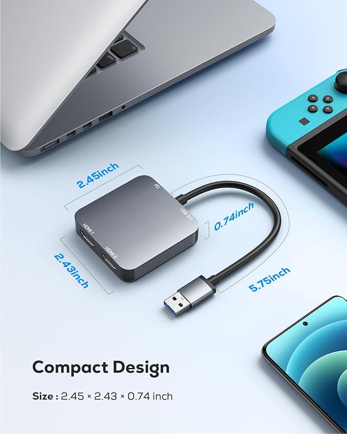 Adaptador USB 3.0 para Duplo HDMI ABLEWE – Hub 4 em 1 com Porta USB e Alimentação USB-C