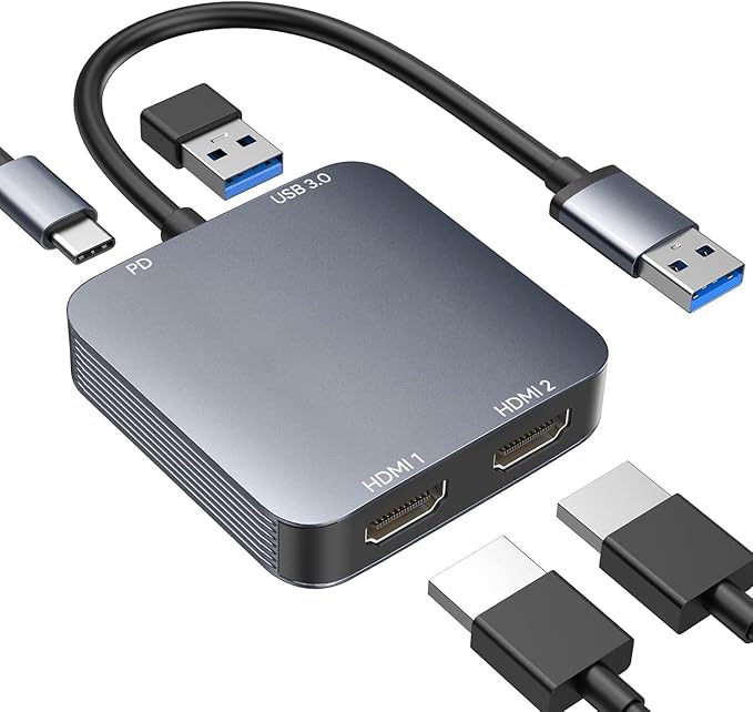 Adaptador USB 3.0 para Duplo HDMI ABLEWE – Hub 4 em 1 com Porta USB e Alimentação USB-C