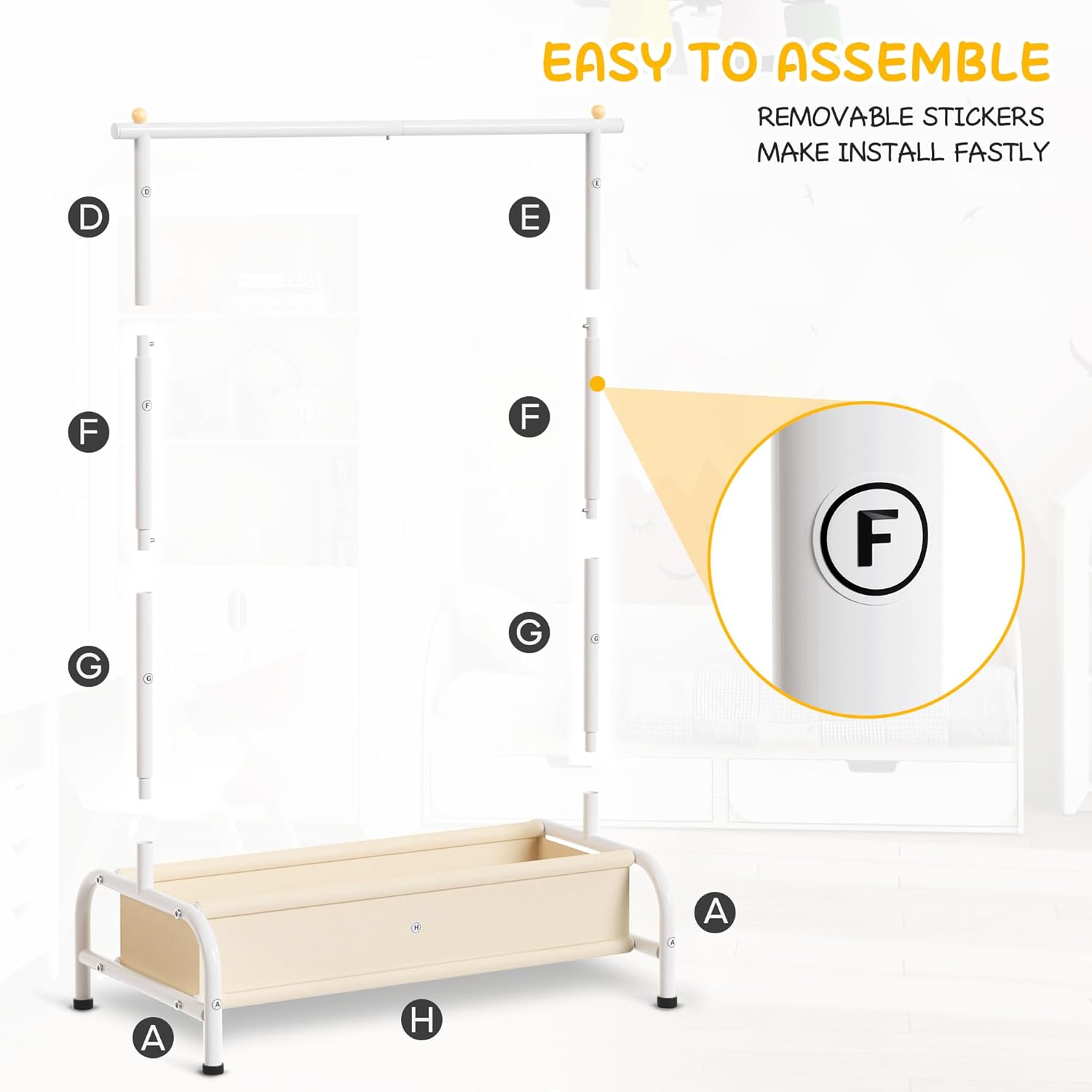 Suporte de Cabides Infantil com Cesto — Estrutura Metálica Estável, 114 cm, Ideal para Quarto, Roupa de Criança e Organização