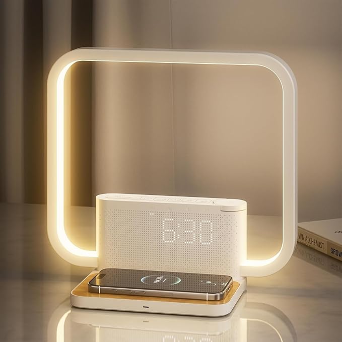 Candeeiro de Mesa RETEYUNG com Carregamento Wireless 10W, Luz de Despertar, Sons Relaxantes e 2 Alarmes, Touch Dimmer [Classe A]