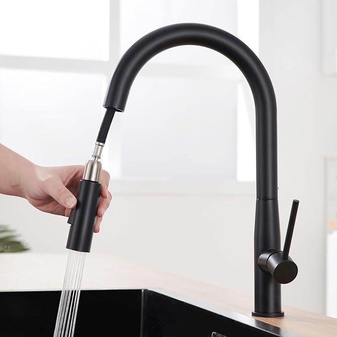 Torneira de Cozinha Preta em Aço Inoxidável, Alta Pressão, Misturadora Extensível com Bica Giratória 360° e 2 Tipos de Jato