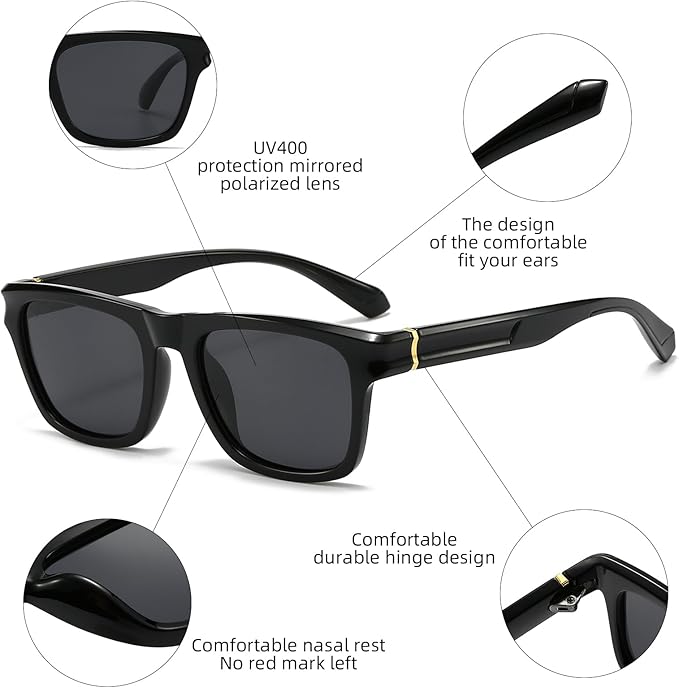 Óculos de Sol Retangulares Polarizados Unissexo Preto-  Estilo Retro Classico