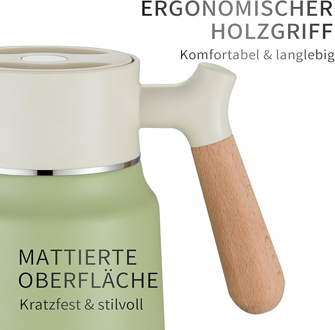 Garrafa Térmica VETIN 1,5 L em Aço Inoxidável 304 – Isolamento a Vácuo Dupla Parede, Pega Efeito Madeira, Branco e Verde