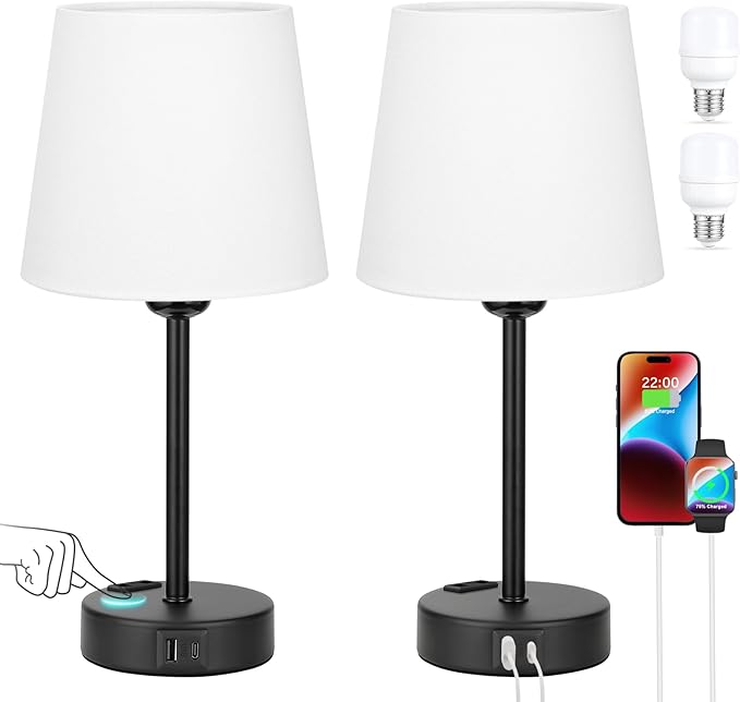 Kakanuo Candeeiro de noite tátil com portas USB-A+C tomada CA 2 lâmpadas, 3 intensidade variável, candeeiros de noite conjunto de 2, abajur de linho branco, candeeiros de mesa para quarto, sala de