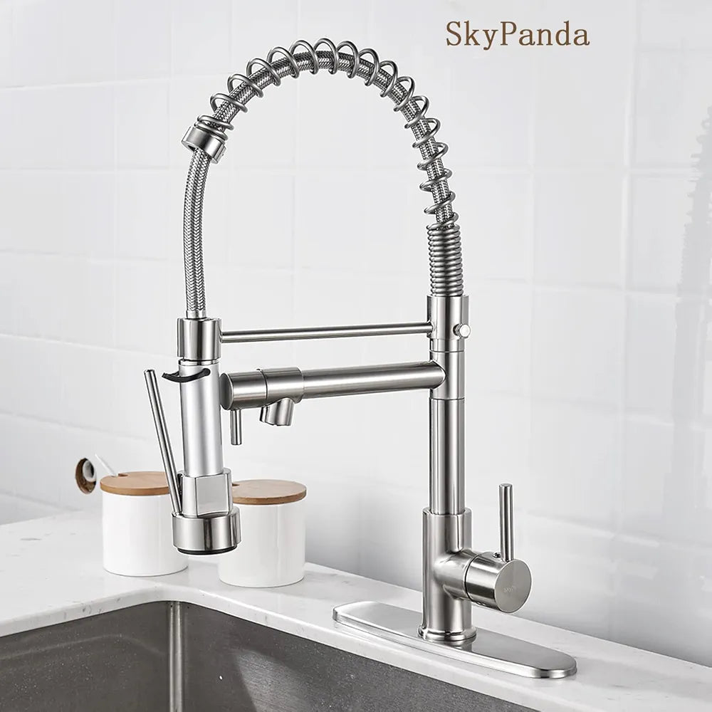 SkyPanda Torneira de cozinha, mola de latão escovado com cabeça de pulverização Pull Down, com 2 saídas , cabeça de pulverização de alta pressão, escova de níquel