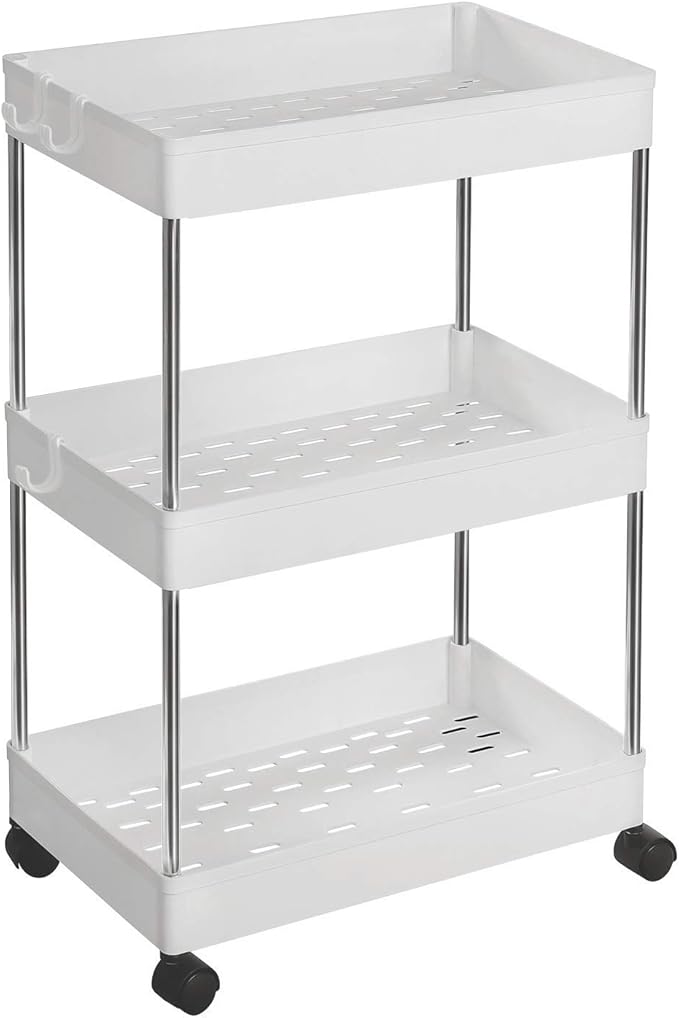 SONGMICS Carrinho de armazenamento de 3 níveis, carrinho com rodas, carrinho de cozinha, economia de espaço, para casa de banho, escritório, 23,6 x 42 x 60,6 cm, branca nuvem KSC009W01