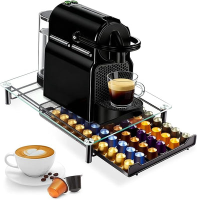 Suporte de Cápsulas Masthome para Nespresso – Gaveta Metálica com Tampa de Vidro Temperado, Capacidade para 60 Cápsulas