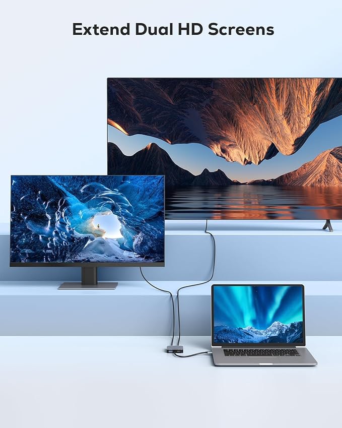 Adaptador USB 3.0 para Duplo HDMI ABLEWE – Hub 4 em 1 com Porta USB e Alimentação USB-C