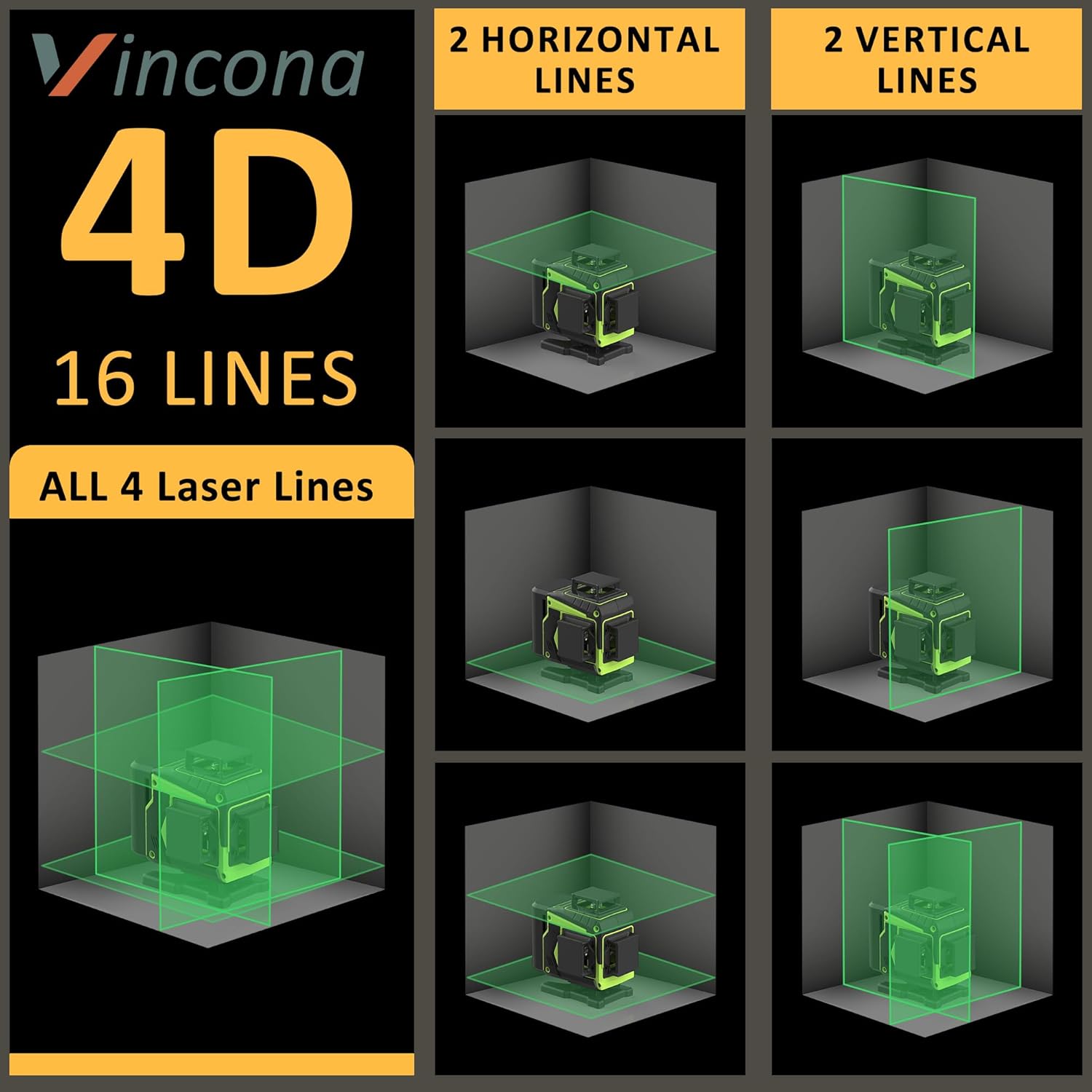 Nível Laser Vincona 4D 360° com 16 Linhas Verdes