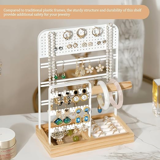Jasfyee Expositor de Joias – Suporte Branco com Base em Madeira, 5 Zonas Independentes para Colares, Pulseiras, Anéis, Brincos e Acessórios