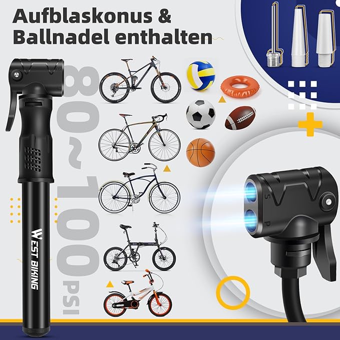 Mini Bomba de Ar para Bicicleta West Biking – Portátil, Alumínio, Todas as Válvulas