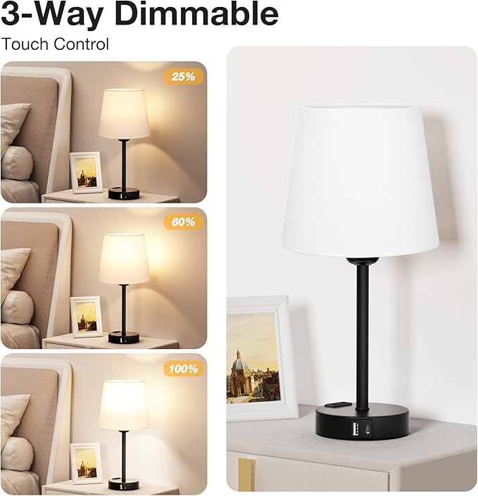 Conjunto de 2 Candeeiros Táteis com USB-A + USB-C + Tomada CA