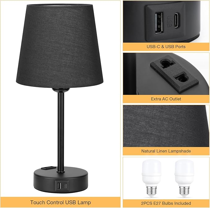 Pack 2 - Candeeiros de mesa táteis com USB e tomadas