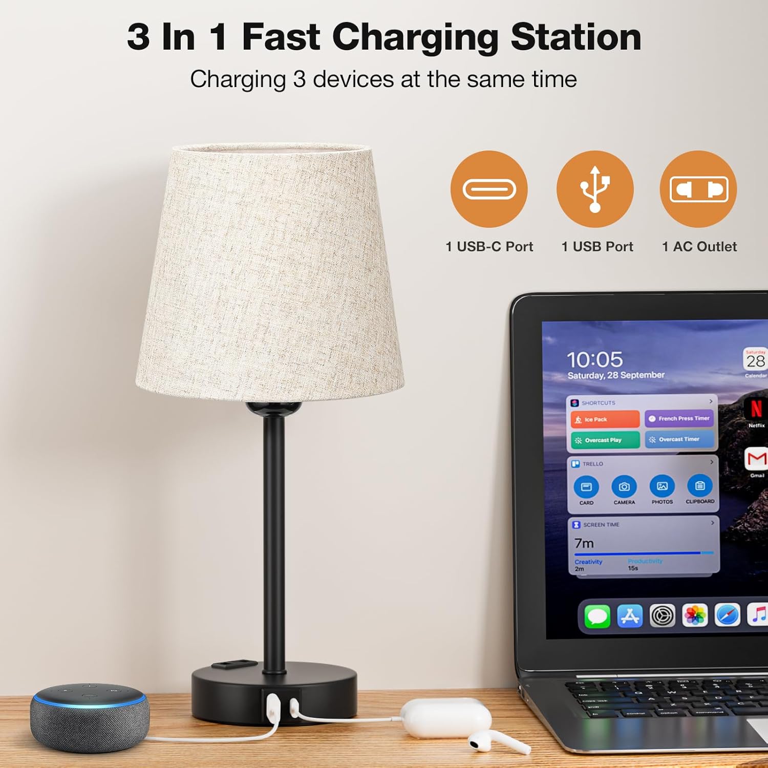 Conjunto de 2 Candeeiros de Mesa de Cabeceira, com Função de Carregamento USB-A + USB-C e Tomadas Abajur em Linho Bege
