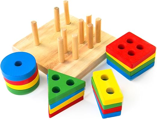 Brinquedo de Empilhar em Madeira – Formas Geométricas Educativas | Boxiki Kids