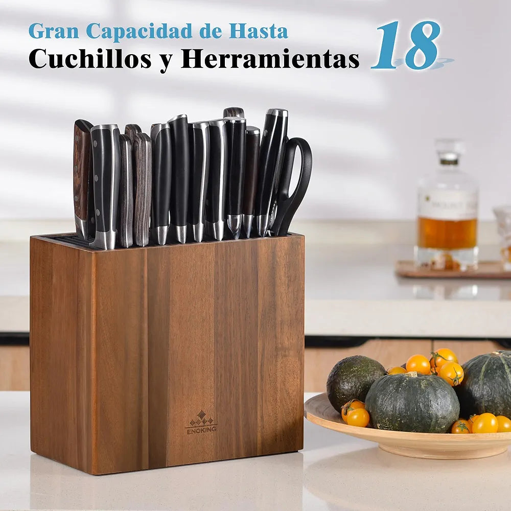 ENOKING Suporte facas de cozinha de madeira de acácia, suporte de facas de cozinha universal com tampa de plástico, suporte facas para facas e tesouras/haste de afiar