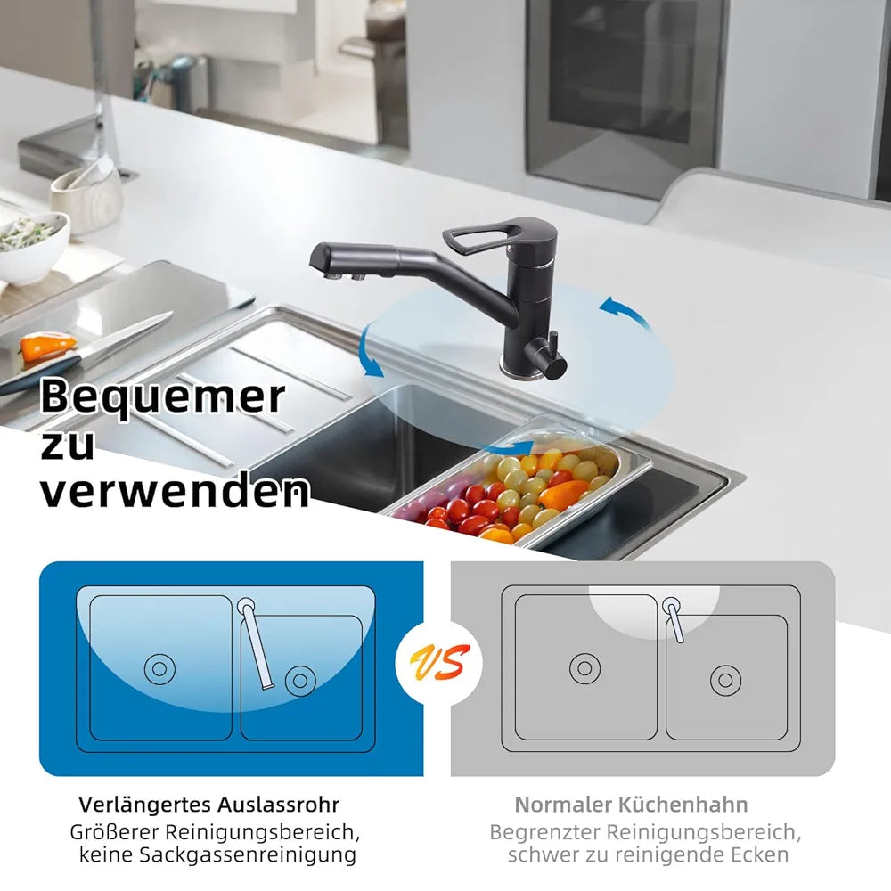 Zeffrary Torneira de cozinha de 3 vias, torneira de cozinha giratória de 360°, misturador para lavatório com flexível, G3/8 polegadas 