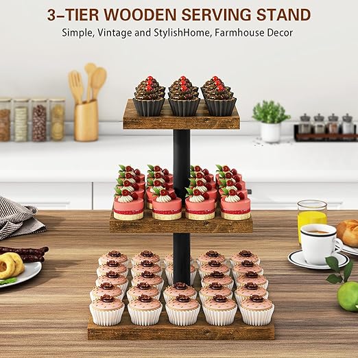 Suporte de Cupcakes IBUYKE em Madeira – Torre 3 Níveis Quadrada, Castanho Rústico