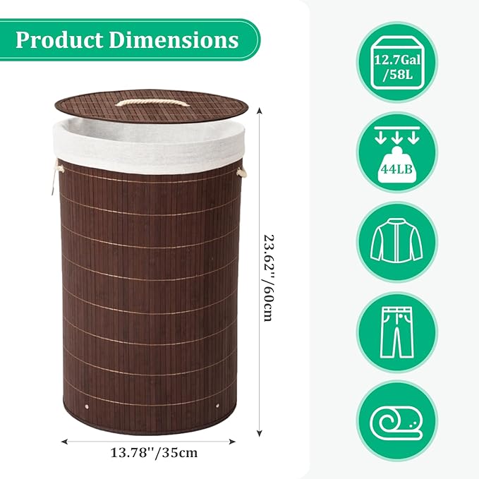 Cesto de Roupa em Bambu Castanho 🧺 – Dobrável, 58L