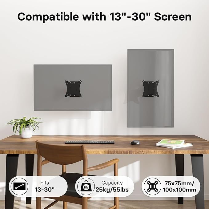 Suporte de Parede BONTEC para TV/Monitor – Ajustável e Inclinável, Compatível com 13” a 30”, Até 25 kg, VESA 75×75 / 100×100 mm