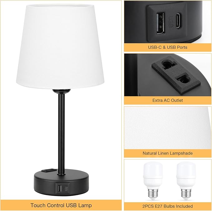 Conjunto de 2 Candeeiros Táteis com USB-A + USB-C + Tomada CA