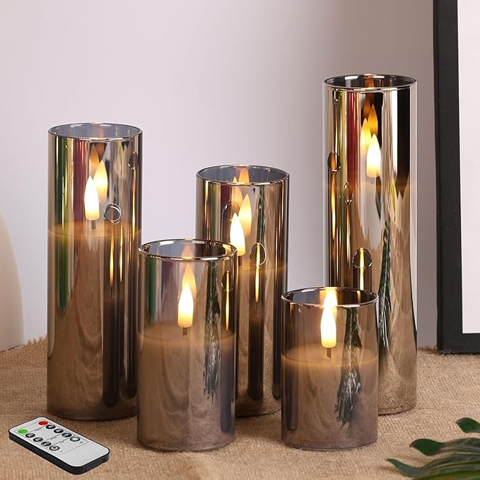 Conjunto de 5 Velas LED Slim em Vidro Cinza com Comando – Sem Chama, Efeito Tremeluzente