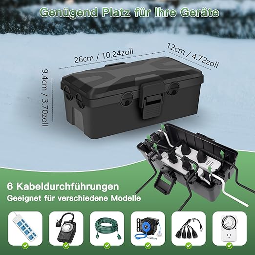 Caixa de Cabos Extra Grande RISEMART – 26,2 × 15 × 9,5 cm – IP54 Impermeável – Preto
